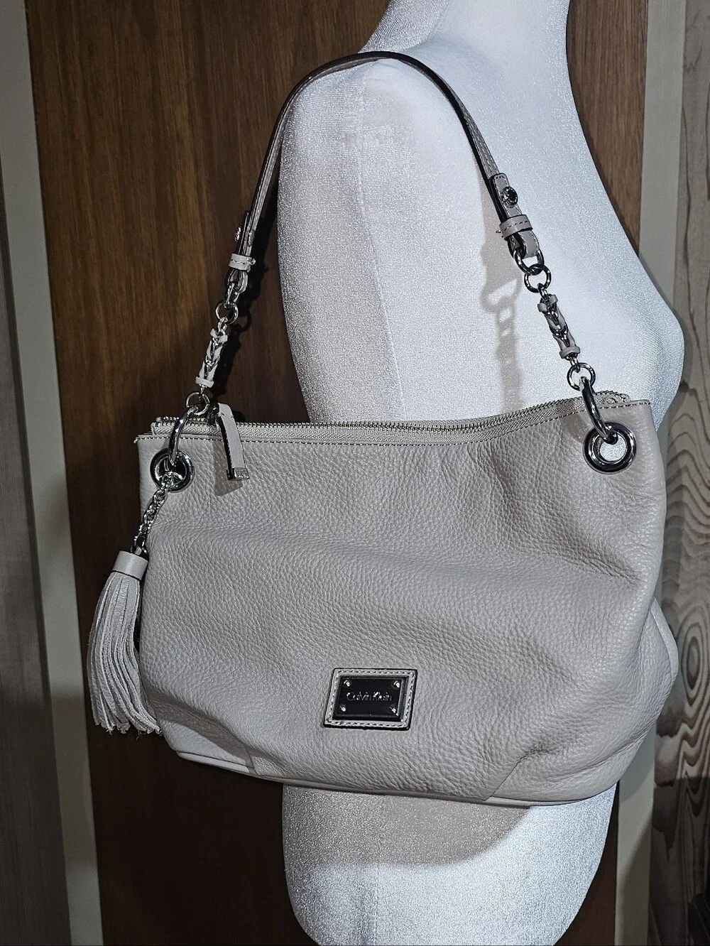Calvin Klein Pebbled Leather Shoulder Bag in Light Gray with Tassel